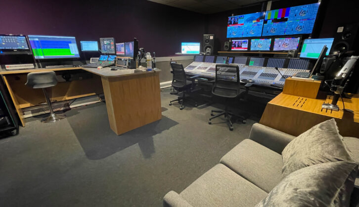 The final version of the sound control room, with the main mixing desk, smaller Grams area and sofa
